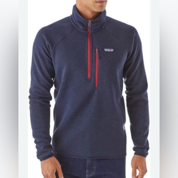 Patagonia men’s navy Better Sweater 1/4 zip Fleece knit Pullover Red zippers XL - Picture 1 of 9